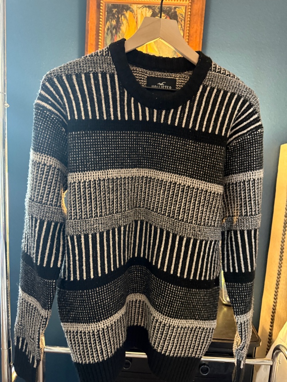 Hollister Black & Gray Striped Crewneck Sweater